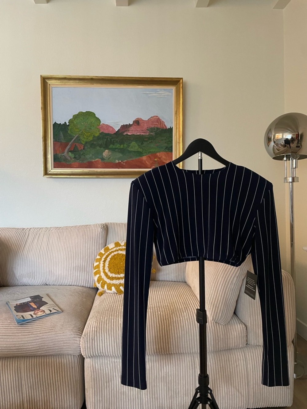 Norma Kamali Navy and White Pinstripe Cropped Long Sleeve Top